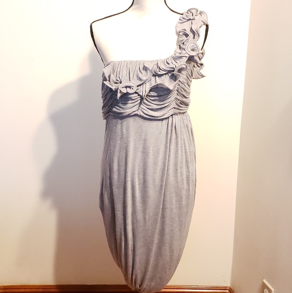 Gray One shoulder Scalloped and Ruched Dress